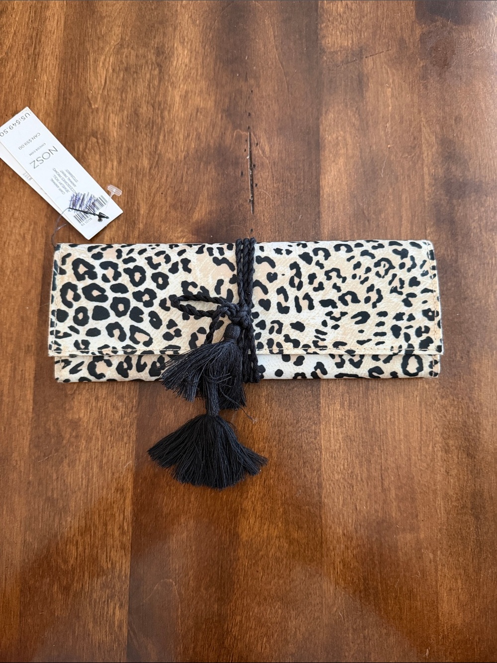 Chico's Leopard-Print Foldover Clutch in Cream and Black with Tassel